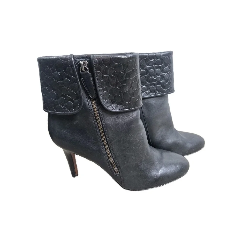Coach Black Fold over High Heel Boots‎ Embossed Womens Size 11M